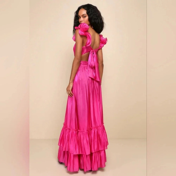 Lulus Pristine Glow Magenta Pink Ruffled Tie-Back Maxi Dress Wedding Party Prom - Picture 6 of 12